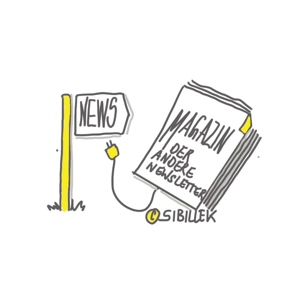 Newsmagazin SibilleK visuslles Sketchnote. Es zeigt einen Wegweise und ein Onlinemagazin.