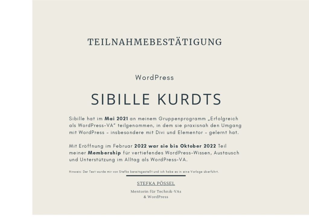 WordPress Teilnahmebestätigung @SibilleK