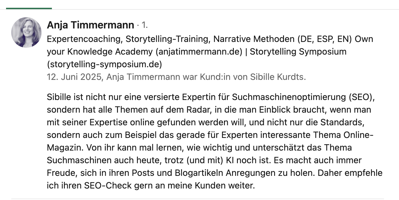 Anja Timmermann Rezension LinkedIn Screenshot. Kundenfeedback auf Sibillek