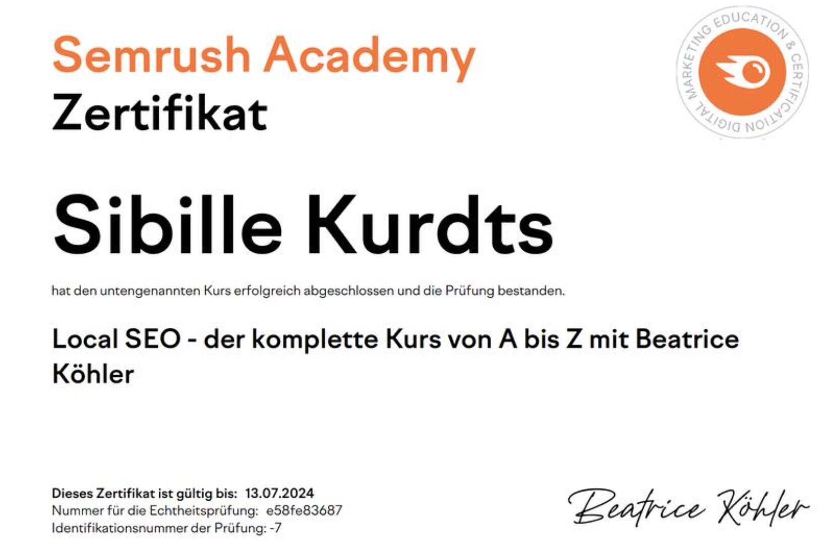 Lokal_SEO_SEMRUSH Semrush Zertifikat Lokal SEO