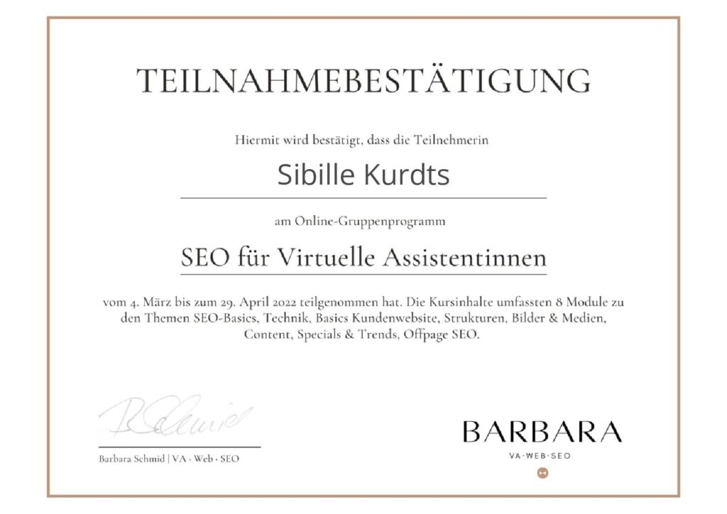 Teilnahmebestätigung SEO Barbara Schmid @SibilleK