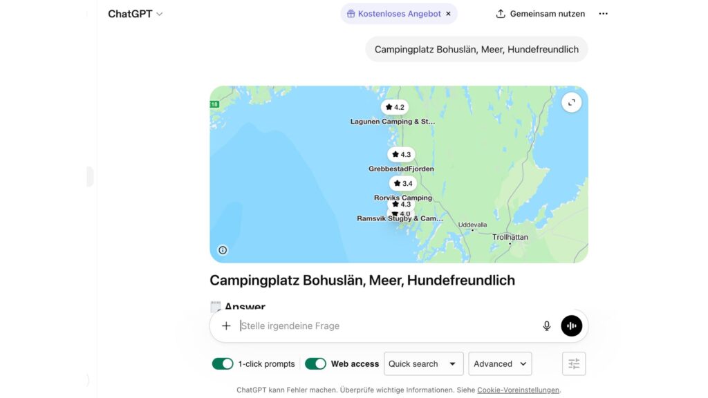 Screanshot ChatGPT. Suchanfrage Campingplatz, Bohuslän, Meer, Hundefreundlich  @sibillek.com